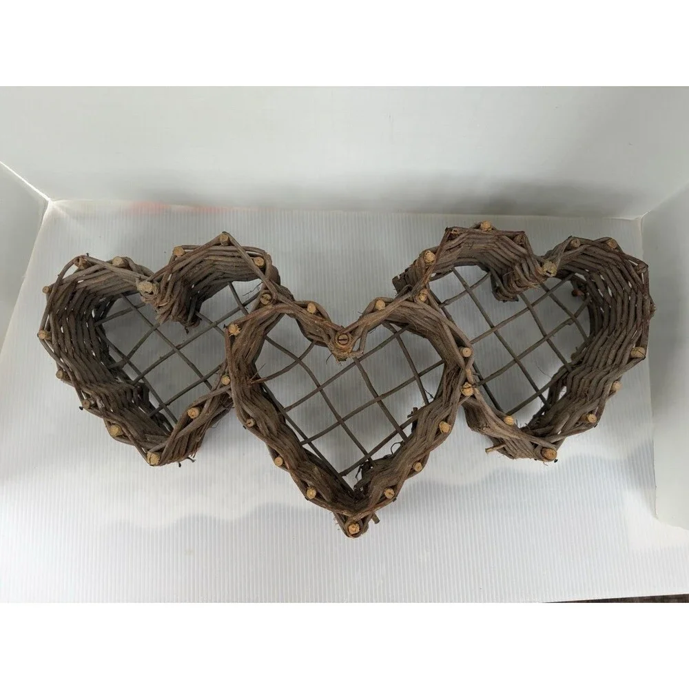 Vintage Grapevine Triple Heart Wall Hanging Basket Wicker Wood Farmhouse Decor
